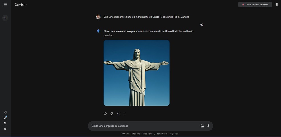 Gemini criou uma imagem realista do Cristo Redentor — Foto: Reprodução/Gemini