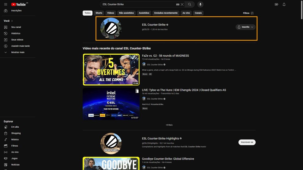 No primeiro resultado da pesquisa aparecerá o canal oficial da ESL — Foto: Reprodução/Victor de Abreu