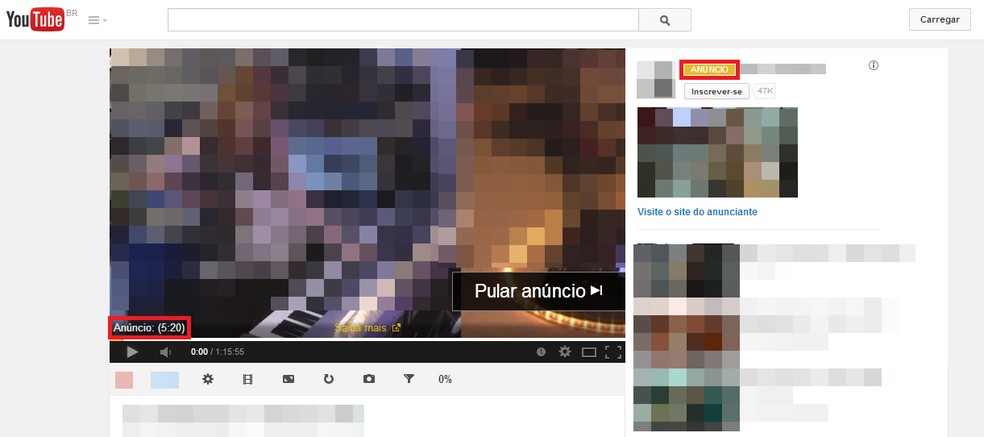 Anúncios no YouTube: antes do vídeo e em banners — Foto: Reprodução/Paulo Finotti