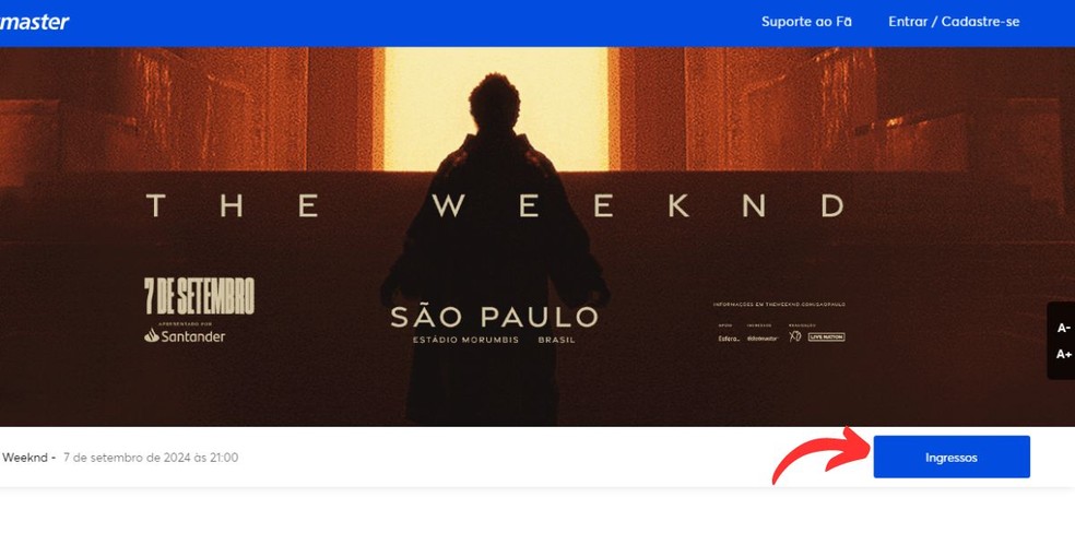 Em destaque, botão de acesso aos ingressos do show do The Weeknd — Foto: Reprodução/Millena Borges