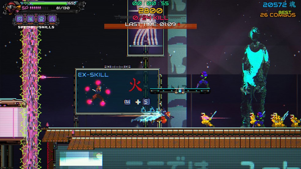 Ninja Issen: The Scroll of Dimension é um jogo 2D repleto de ação sobre um ninja em um mundo cyberpunk tentando limpar seu nome após ser acusado de matar o líder de seu clã — Foto: Reprodução/Steam