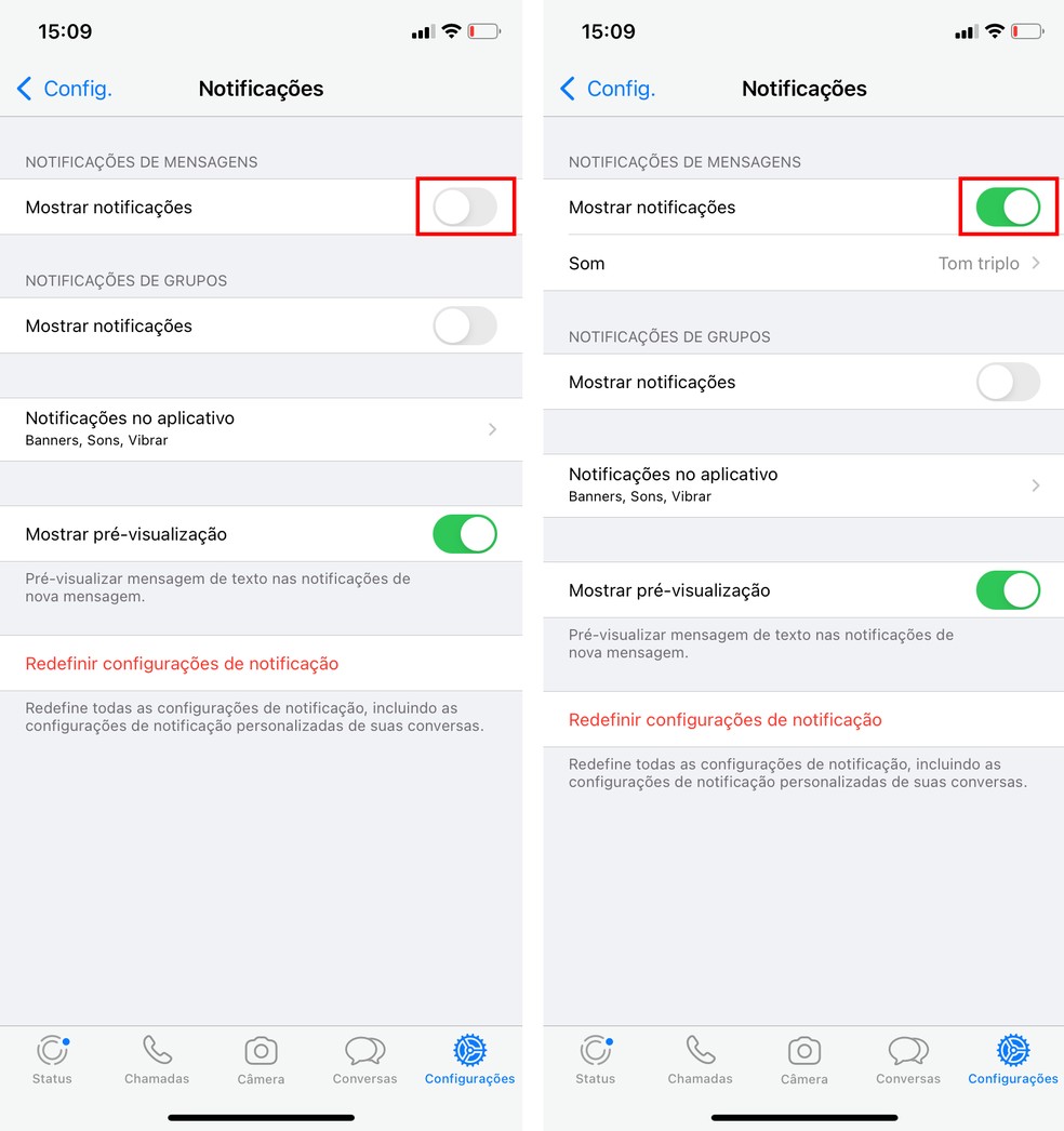 Como colocar som de notificação no WhatsApp: habilitando a chave que ativa o recurso — Foto: Reprodução/Rodrigo Fernandes