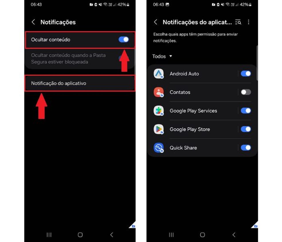 Desabilite a notificação de apps da Pasta Segura — Foto: Reprodução/Diego Cataldo
