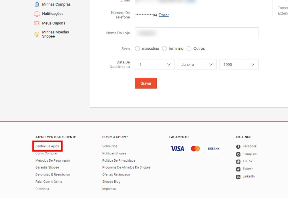 Como entrar em contato com a Shopee pelo computador