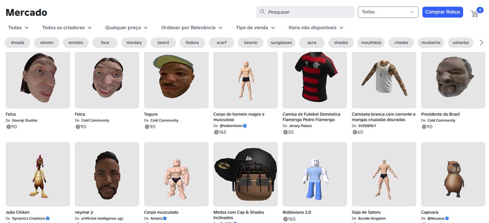 Mercado do Roblox tem skins, acessórios e mais — Foto: Reprodução/Róbson Martins