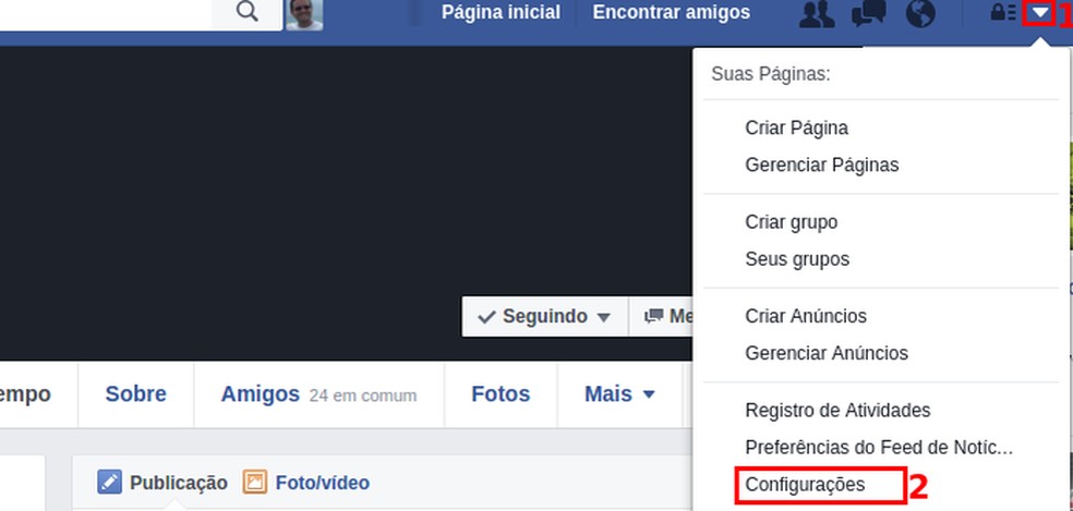 Acessando as 'Configurações' de sua conta no Facebook (Foto: Reprodução/Edivaldo Brito) (Foto: Acessando as 'Configurações' de sua conta no Facebook (Foto: Reprodução/Edivaldo Brito)) — Foto: TechTudo