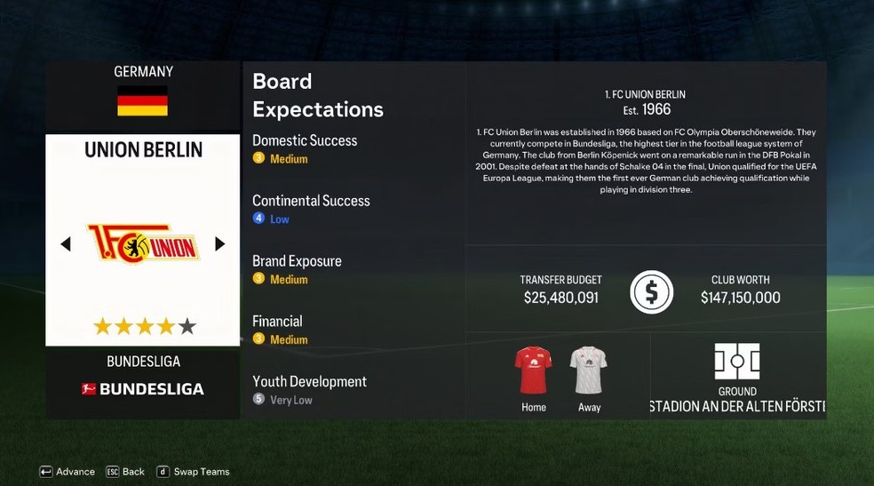 No EA Sports FC 24, o Union Berlin é a opção para quem busca um bom desafio — Foto: Reprodução/EA