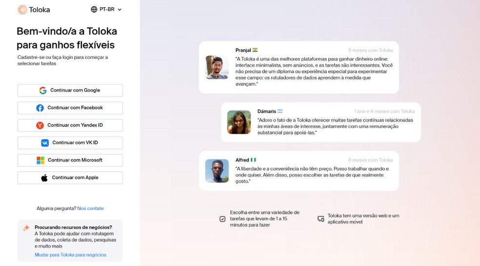 É possível registrar-se no Toloka por meio de diversas contas digitais — Foto: Reprodução/Júlia Silveira