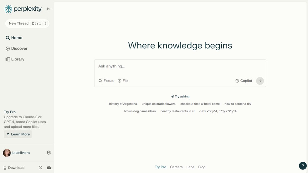 No modo Copilot do Perplexity.ai, usuário tem acesso ao GPT-4, com uso limitado — Foto: Reprodução/Júlia Silveira