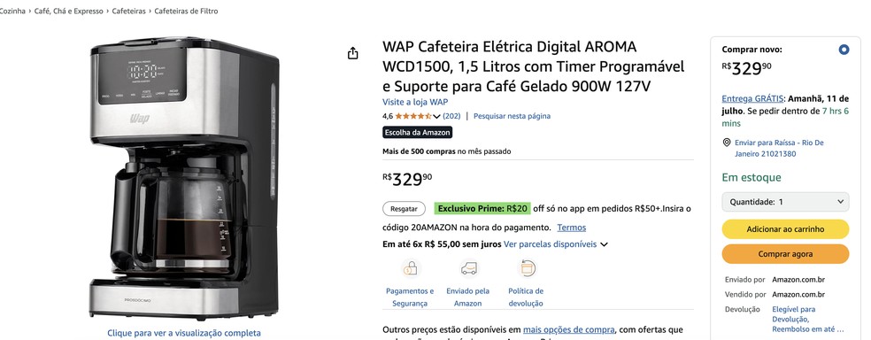 Cupom de desconto é exibido próximo à etiqueta verde na página do produto; saiba aproveitar durante o Prime Day — Foto: Reprodução/Amazon