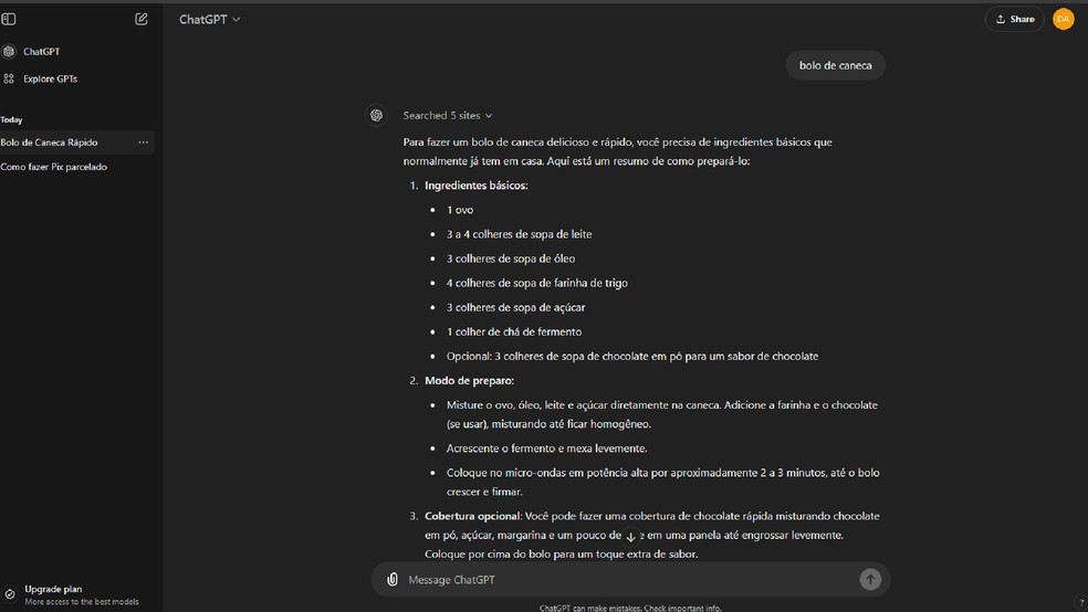 Utilizar o ChatGPT search sem ser assinante aciona um prompt padrão no ChatGPT e inviabiliza a busca na barra de navegação — Foto: Reprodução/Daniel Trefilio