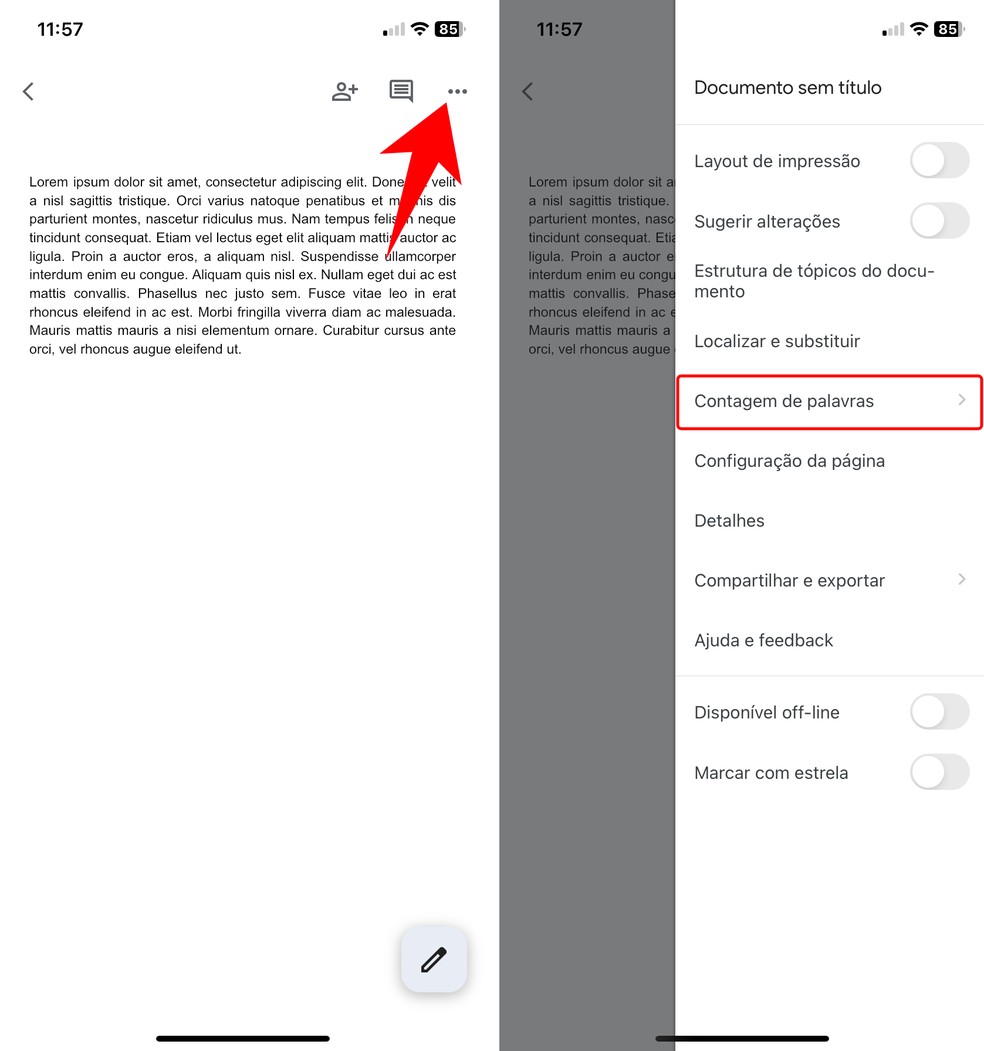 Veja como contar caracteres no Google Docs no celular — Foto: Reprodução/Rodrigo Fernandes