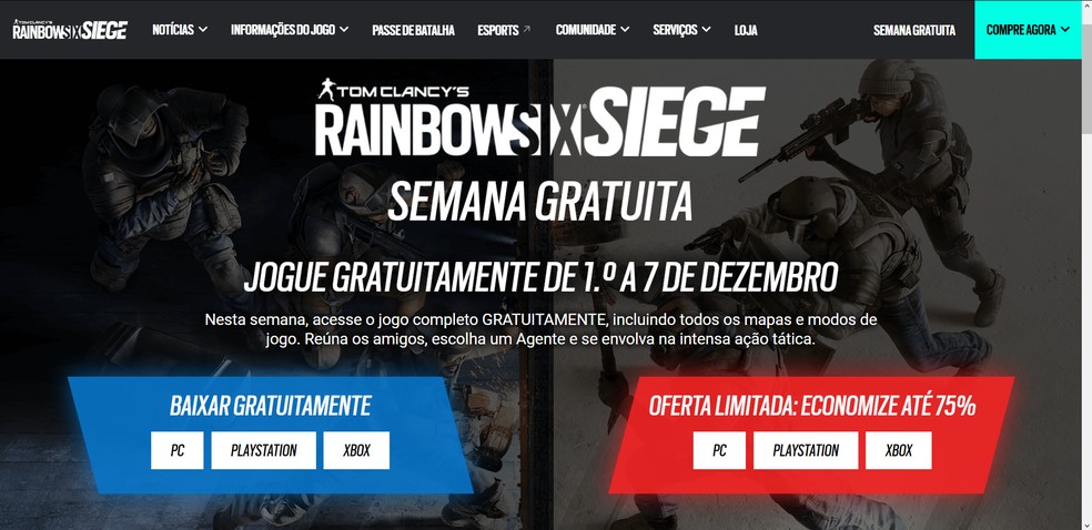 Abra a página oficial da semana gratuita de Rainbow Six Siege — Foto: Reprodução/Róbson Martins