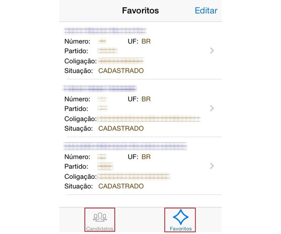 Use os botões 'Candidatos' e 'Favoritos', na parte inferior da tela, para alternar as visualizações (Foto: Reprodução/Paulo Finotti) — Foto: TechTudo