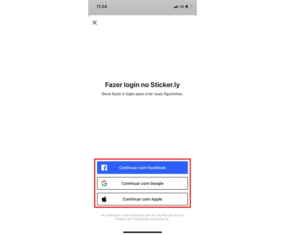 É preciso fazer login no Sticker.ly para enviar as figurinhas para o WhatsApp — Foto: Reprodução/Rodrigo Fernandes