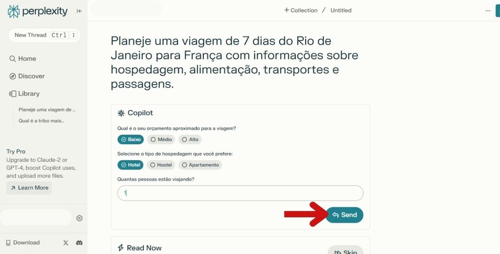 Botão Send para enviar resposta do Copilot — Foto: Reprodução/Millena Borges