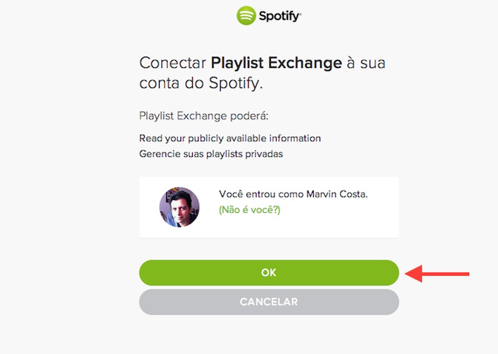 Autorizando o acesso do Playlist Exchance a sua conta do Spotify (Foto: Reprodução/Marvin Costa) — Foto: TechTudo