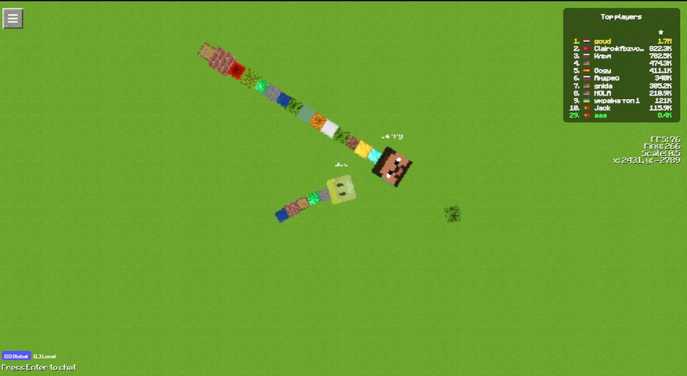 Slither Craft.io é o famoso jogo da minhoca com skin de Minecraft — Foto: Reprodução/Felipe Vinha