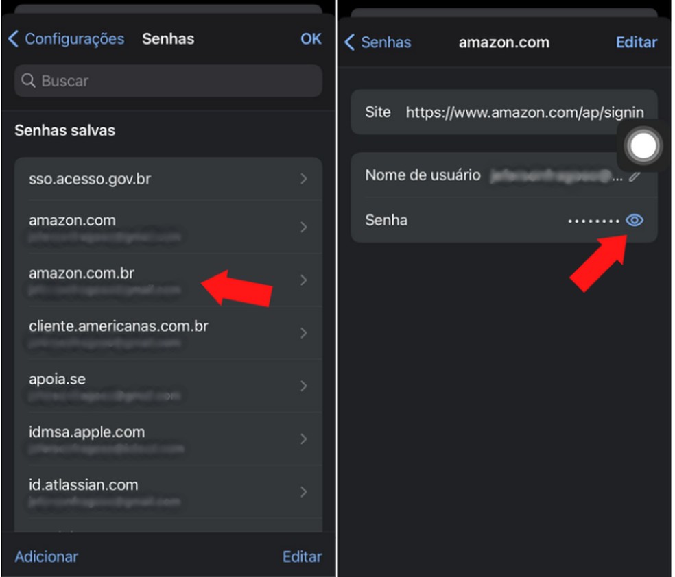 Acessando a lista de senhas salvas no dispositivo pelo Google Chrome  — Foto: Reprodução/Mariana Tralback