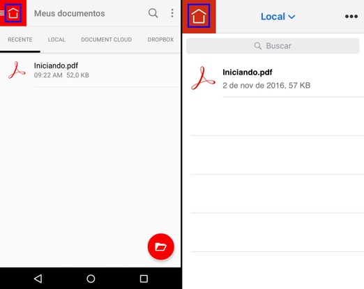 Acessando o menu de opções do app Adobe Acrobat Reader