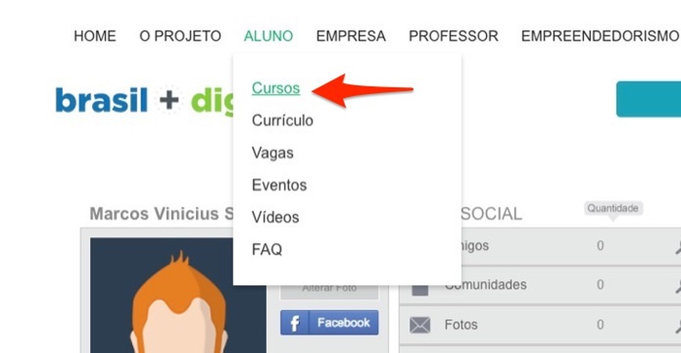 Ação para acessar a lista de cursos do site Brasil Mais TI — Foto: Reprodução/Marvin Costa