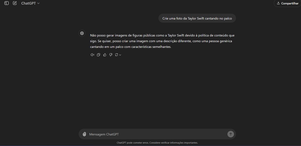 O ChatGPT se recusou a criar uma imagem de figura pública — Foto: Reprodução/ChatGPT