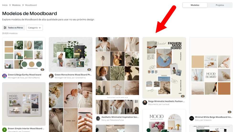 Canva tem vários modelos prontos e gratuitos de moodboard — Foto: Reprodução/Júlia Silveira