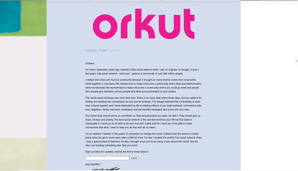 Página inicial do Orkut mostra texto de fundador, publicado em 2022 — Foto: Reprodução/TechTudo