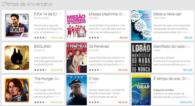 Google Play comemora aniversário com ofertas em apps, livros e filmes