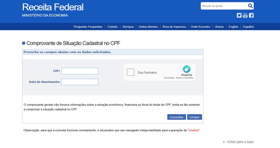 Preencha os campos para consultar seu CPF gratuitamente no site da Receita Federal — Foto: Reprodução/Gisele Veríssimo
