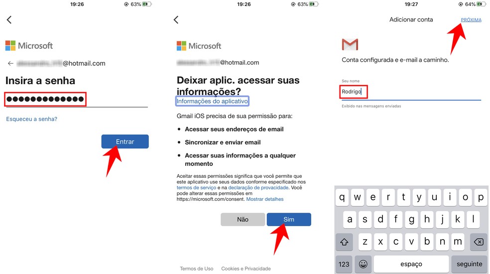 É preciso conceder permissão para que o Gmail acesse os dados do Hotmail — Foto: Reprodução/Rodrigo Fernandes