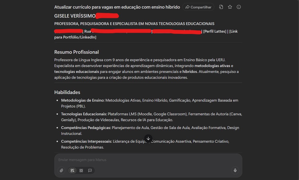 Atualização do currículo feita pela Manus AI — Foto: Reprodução/Gisele Veríssimo