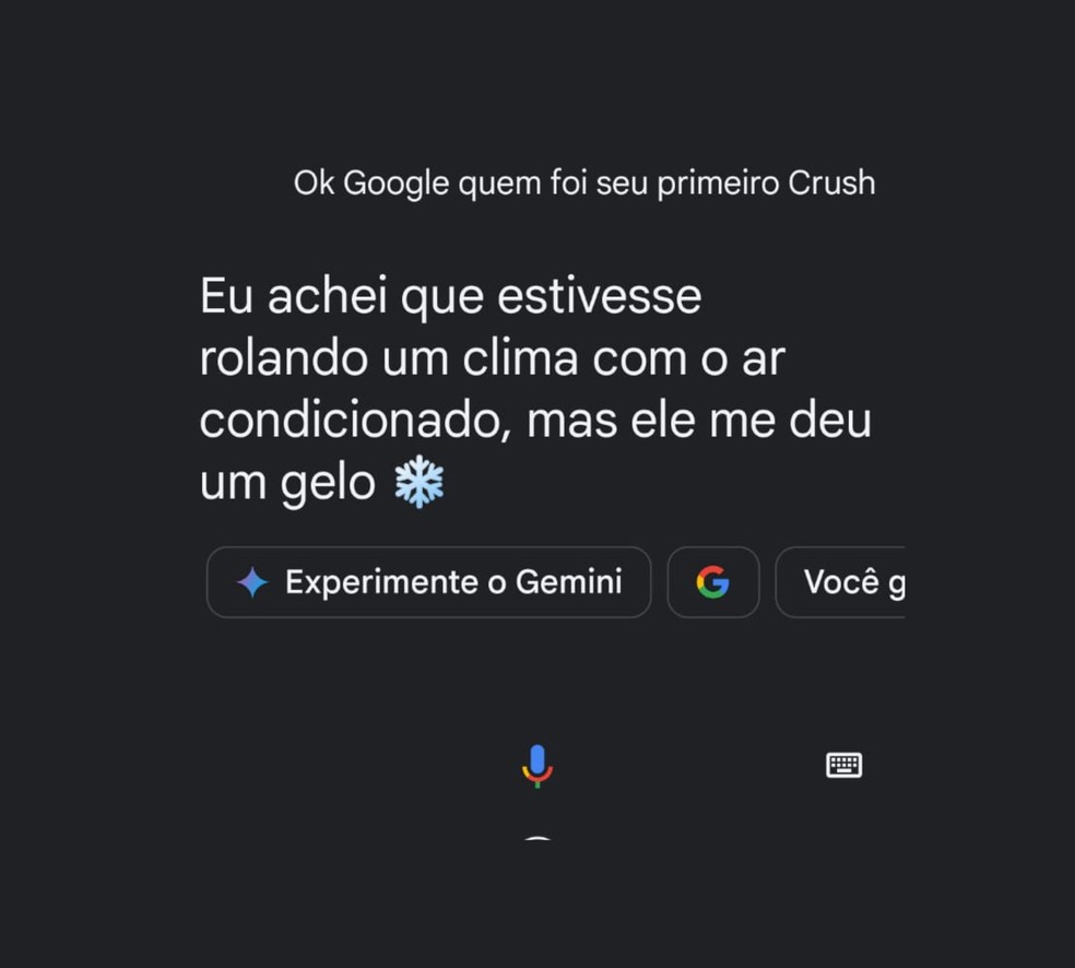 "Ok, Google, quem foi seu primeiro crush?": Comando pergunta ao assistente virtual sobre suas paixões. — Foto: Beatriz Abilio/TechTudo