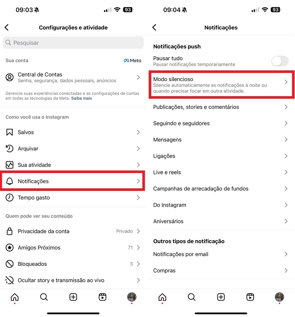 Acesse "Notificações" e clique sobre "Modo silencioso" para continuar — Foto: Reprodução/Clara Fabro