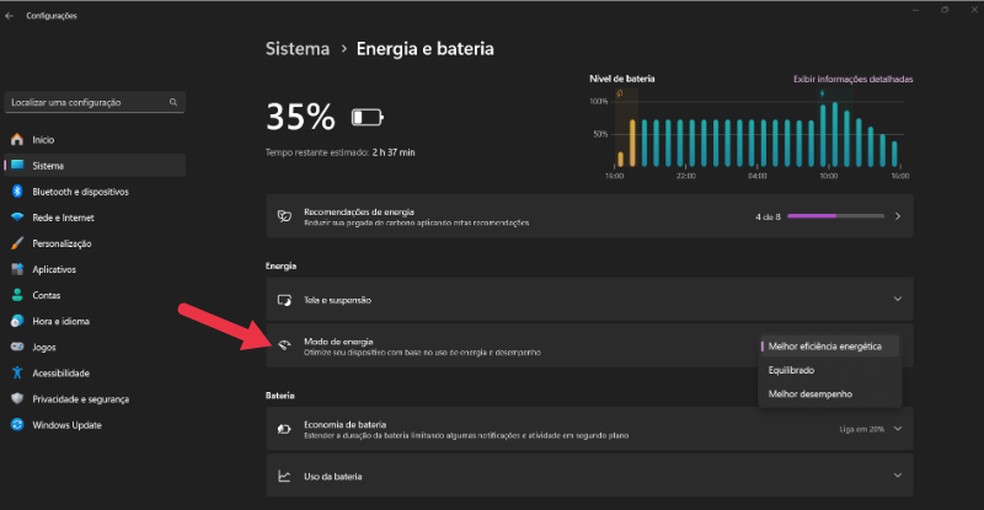 Escolha o Modo de Energia que prioriza as baterias — Foto: Reprodução/Juliana Villarinho
