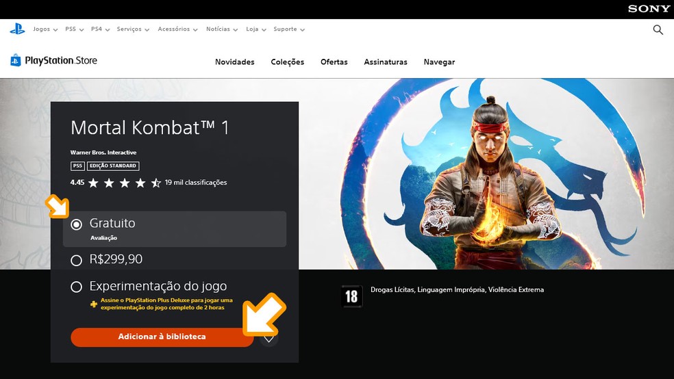 Na página de Mortal Kombat 1 na PlayStation Store selecione a versão "Gratuito" e clique em "Adicionar à biblioteca" para poder baixar o jogo no PS5 — Foto: Reprodução/Rafael Monteiro
