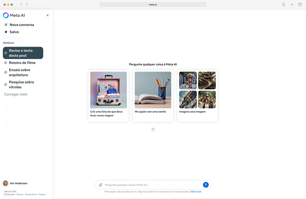 Meta AI tem versão em site com layout similar ao do ChatGPT — Foto: Divulgação/Meta