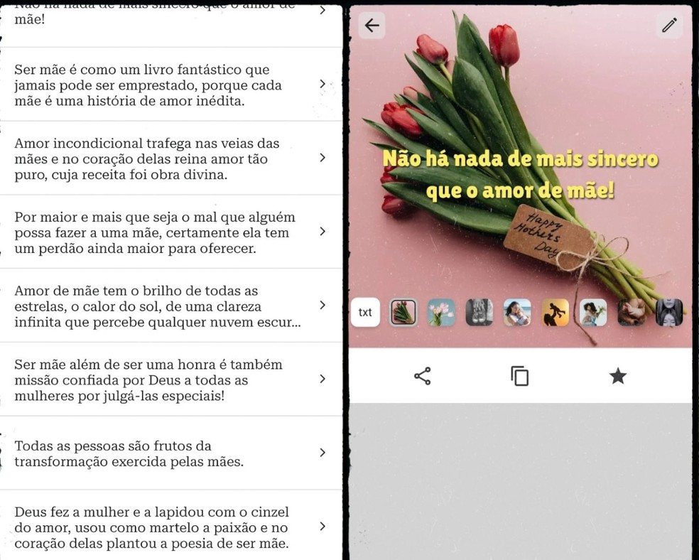Aplicativo Frases e Mensagens também permite personalizar cartões de Dia das Mães — Foto: Reprodução/Gisele Souza