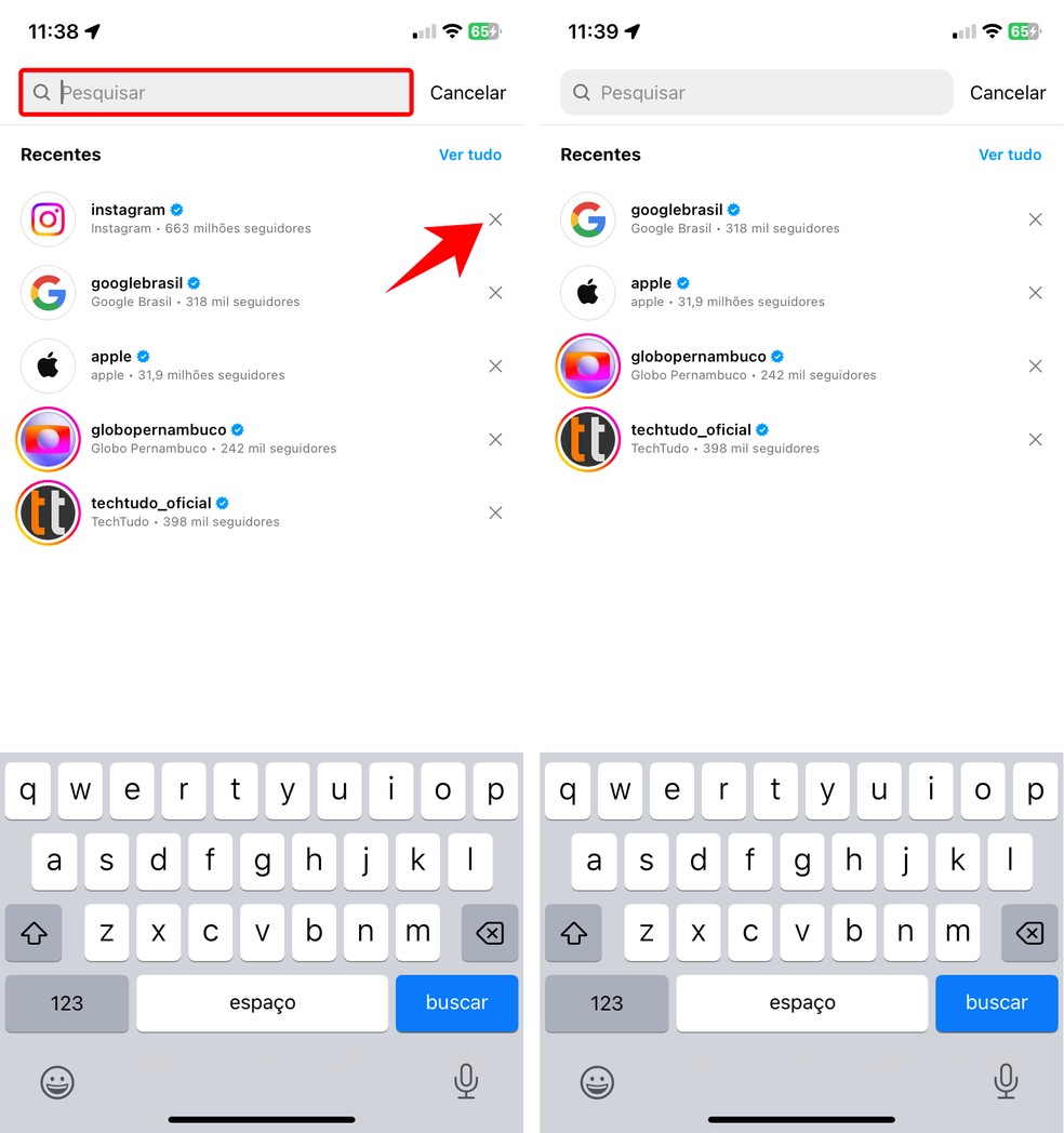 Veja como apagar sugestões de pesquisa do Instagram pelo app — Foto: Reprodução/Rodrigo Fernandes