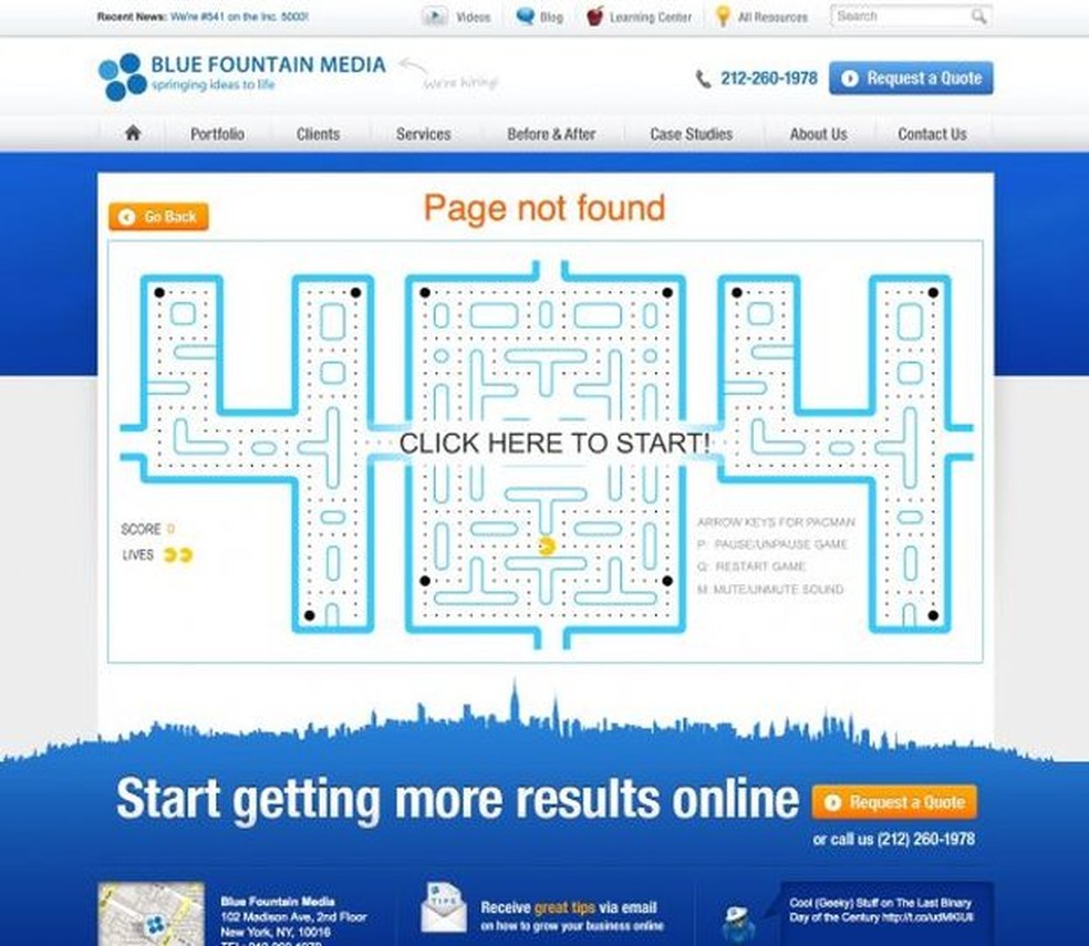 Página de erro 404 do Blue Fountain Media (Foto: Reprodução/BusinessInsider) — Foto: TechTudo