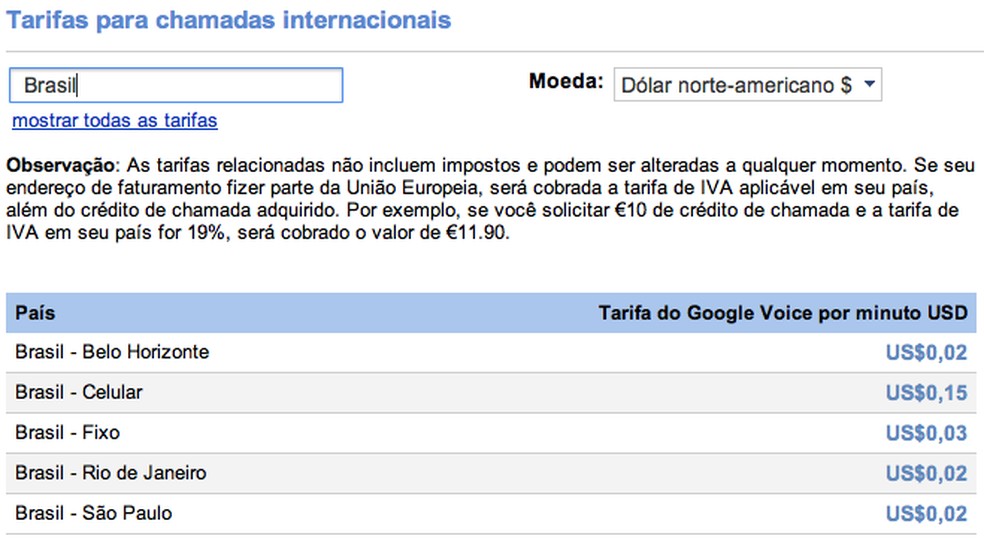 Tarifas em dólar das chamadas via Google Voice no Brasil (Foto: Reprodução) — Foto: TechTudo