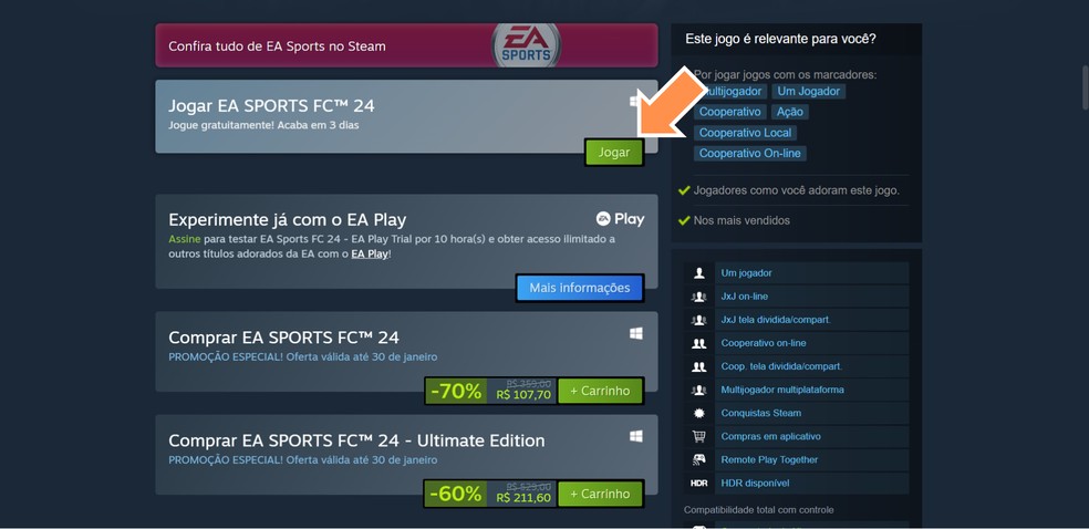 Clique em 'Jogar' no site do Steam — Foto: Reprodução/Róbson Martins