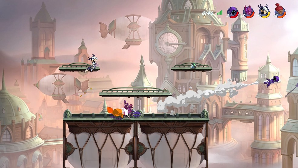 Em Brawlhalla, arremessar oponentes para fora da arena envolve estratégia  — Foto: Reprodução/Erick Figueiredo