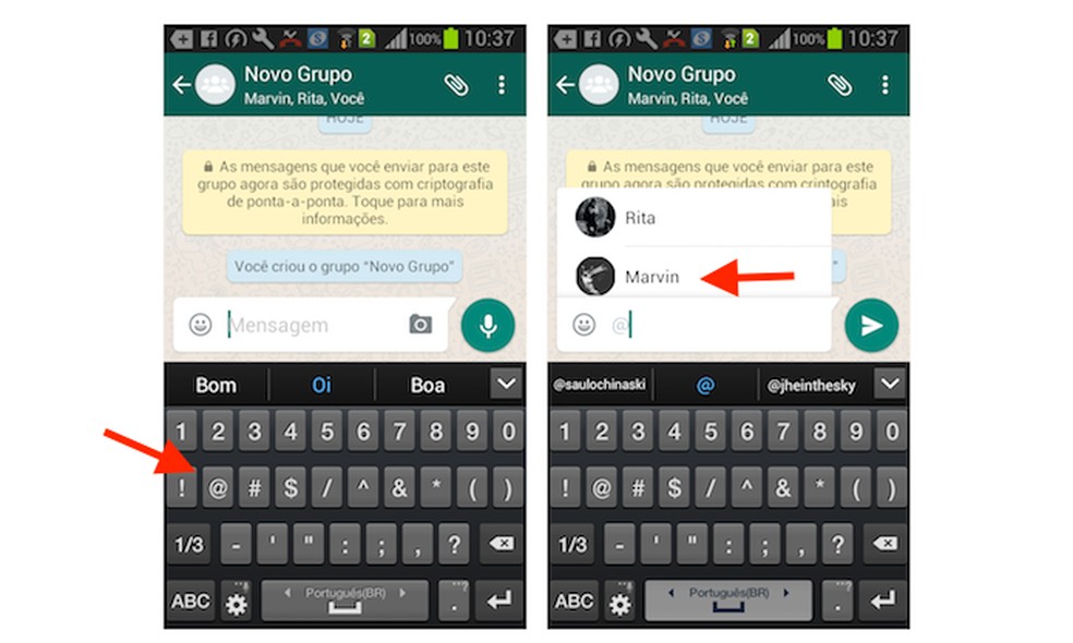 Ação para marcar contatos em uma mensagem do WhatsApp para Android (Foto: Reprodução/Marvin Costa) — Foto: TechTudo
