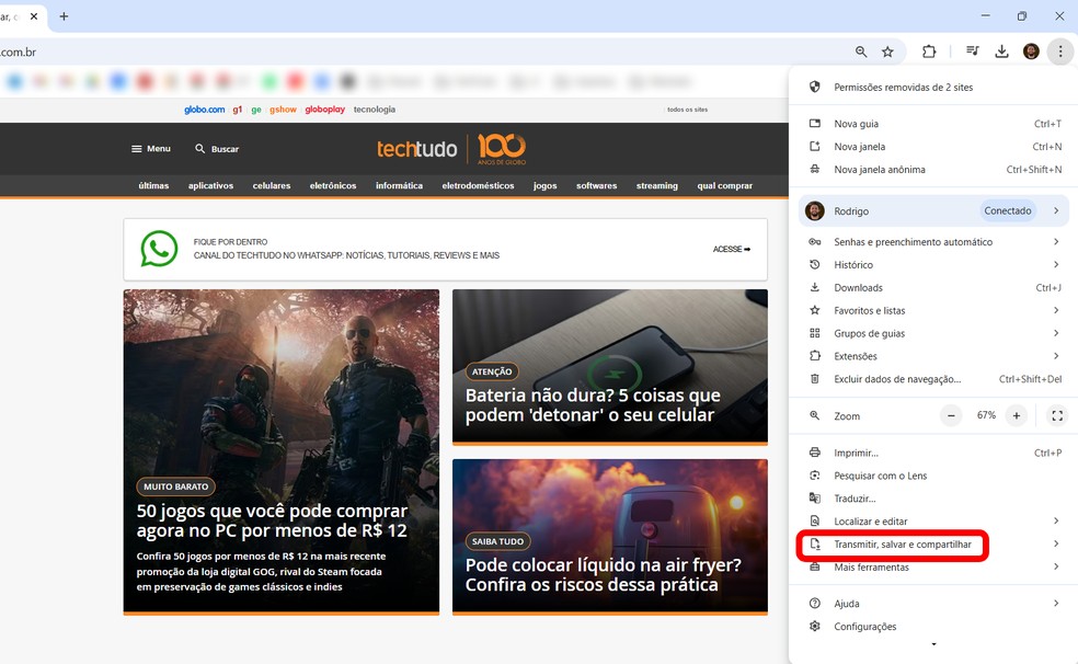 Usuário pode criar atalho para site específico no Google Chrome na área de trabalho — Foto: Reprodução/Rodrigo Fernandes
