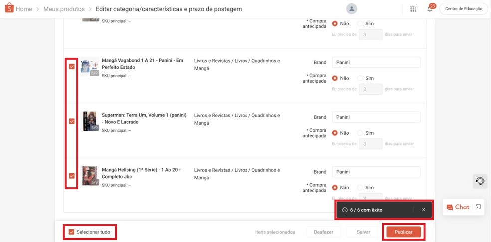 Após concluir as modificações com êxito, selecione os produtos desejados e clique em "Publicar" para anunciar na Shopee — Foto: Reprodução/Clara Fabro