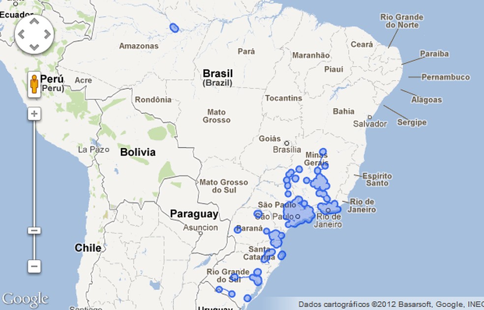 Mapa destaca, em azul, as regiões do Brasil já fotografadas (Foto: Reprodução/Google) — Foto: TechTudo