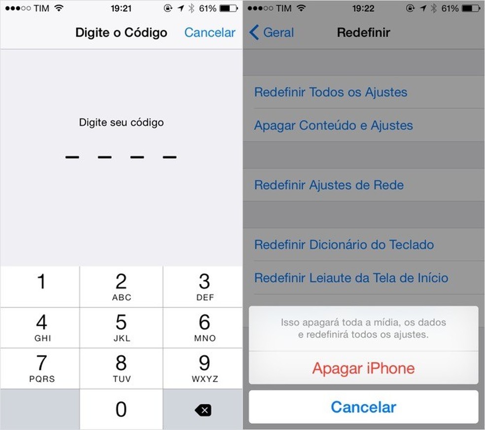 Confirme a sua senha para redefinir as configurações do iOS (Foto: Reprodução/Helito Bijora) — Foto: TechTudo