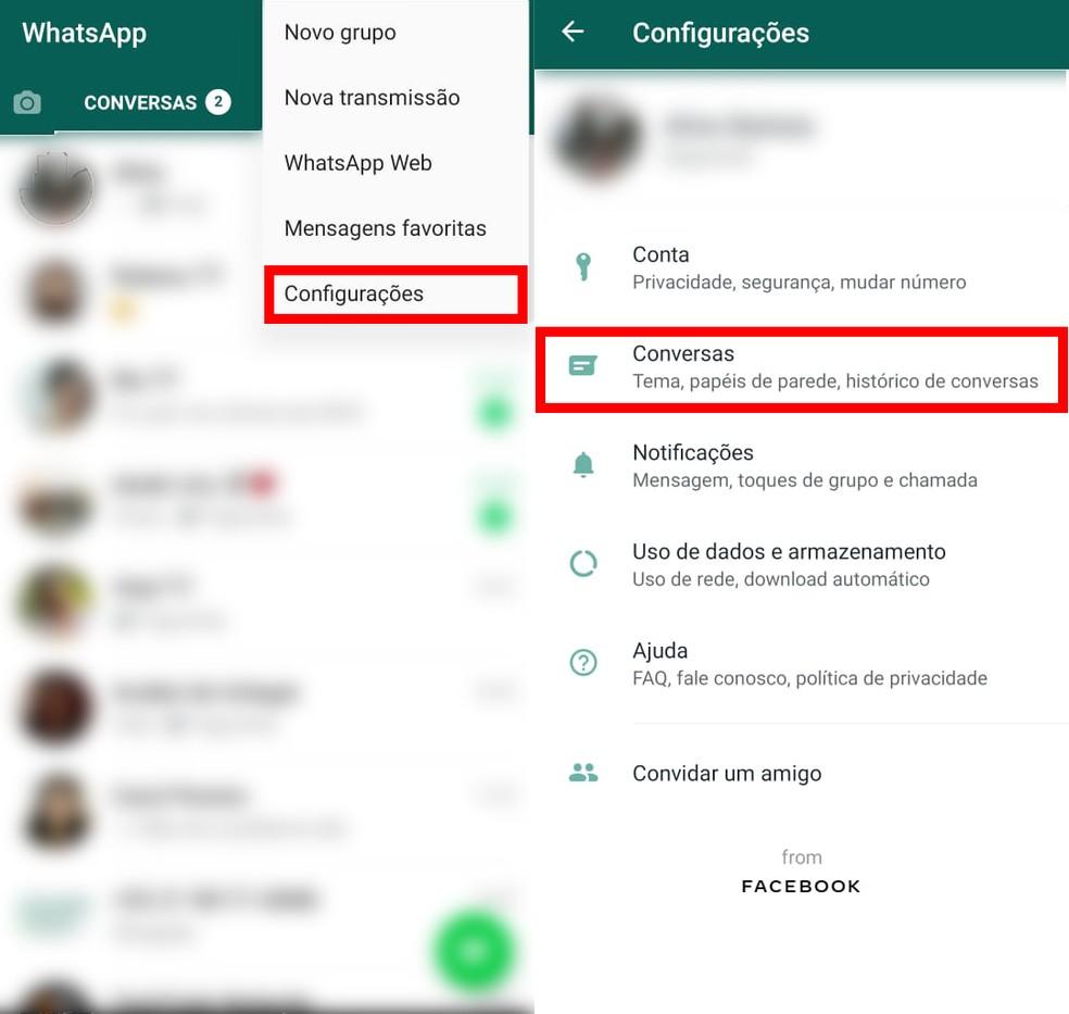 Acesse as Configurações e toque em "Conversas" para deixar o WhatsApp escuro — Foto: Reprodução/TechTudo