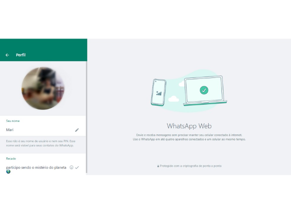 É possível inserir mensagens personalizadas na aba Recado através do WhatsApp Web — Foto: Reprodução/Mariana Tralback